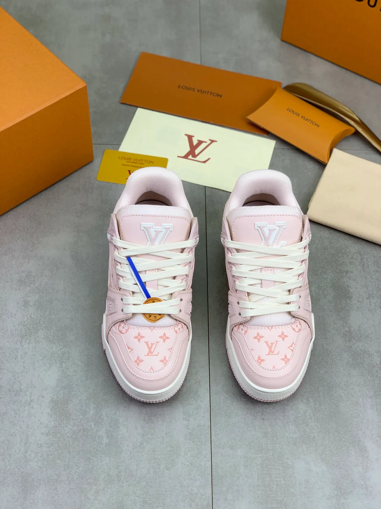 Louis Vuitton LV Trainer Pink White Monogrammed Leather Layered Heel Cage Lifestyle Sneakers