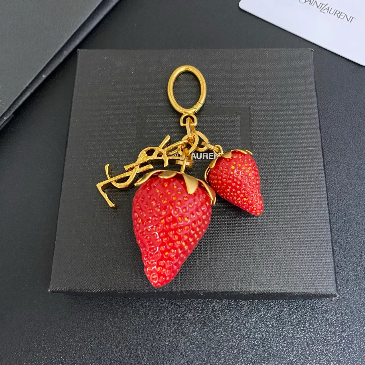 Saint Laurent Strawberry Keychain Red Gold Resin Charms Metal YSL Monogram Bracelet