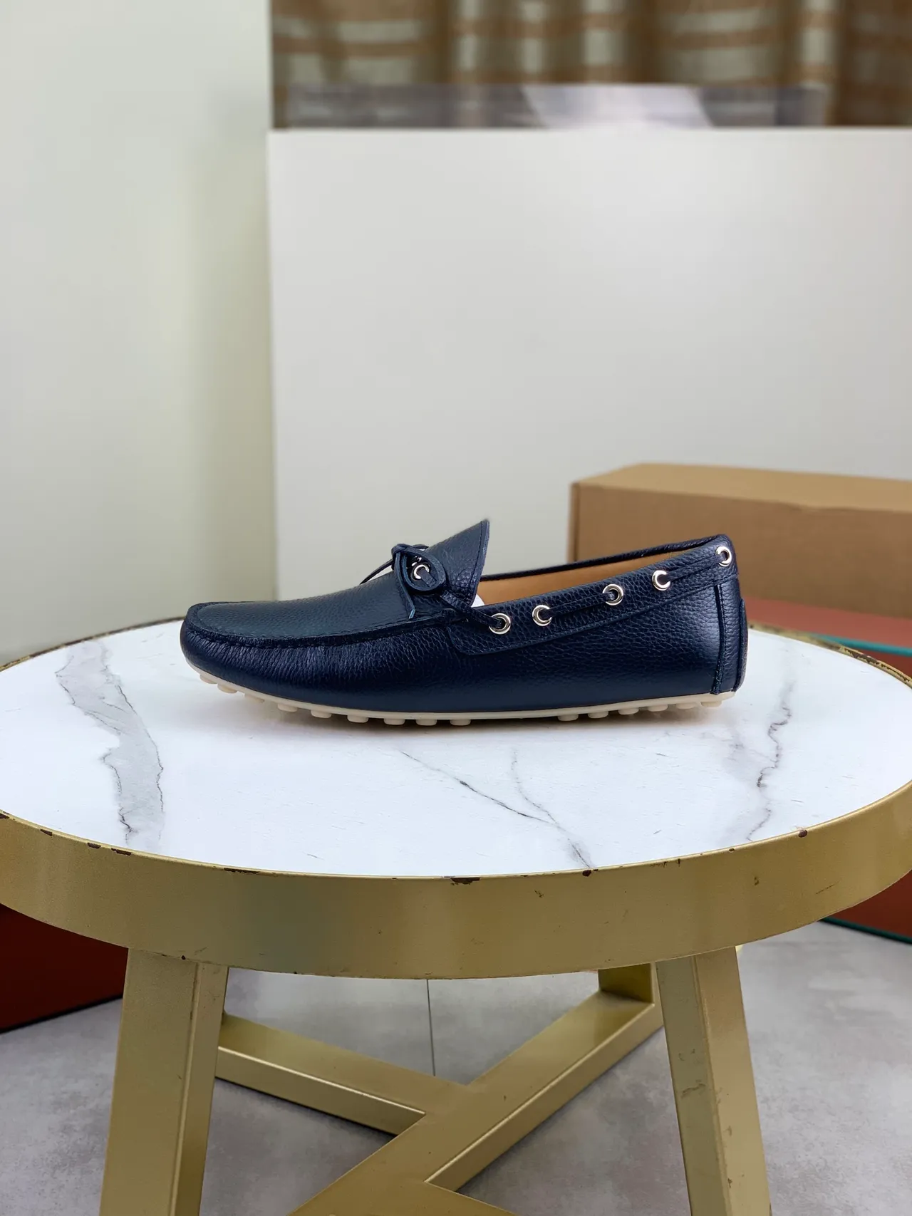 Navy Beige Pebbled Leather Decorative Bow Boat Shoes