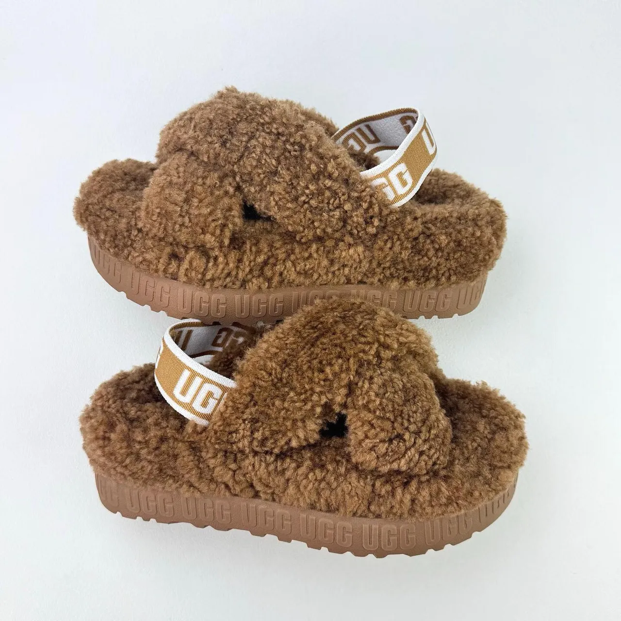 UGG Tasman Brown Fuzzy Cross-Strap Platform Slippers