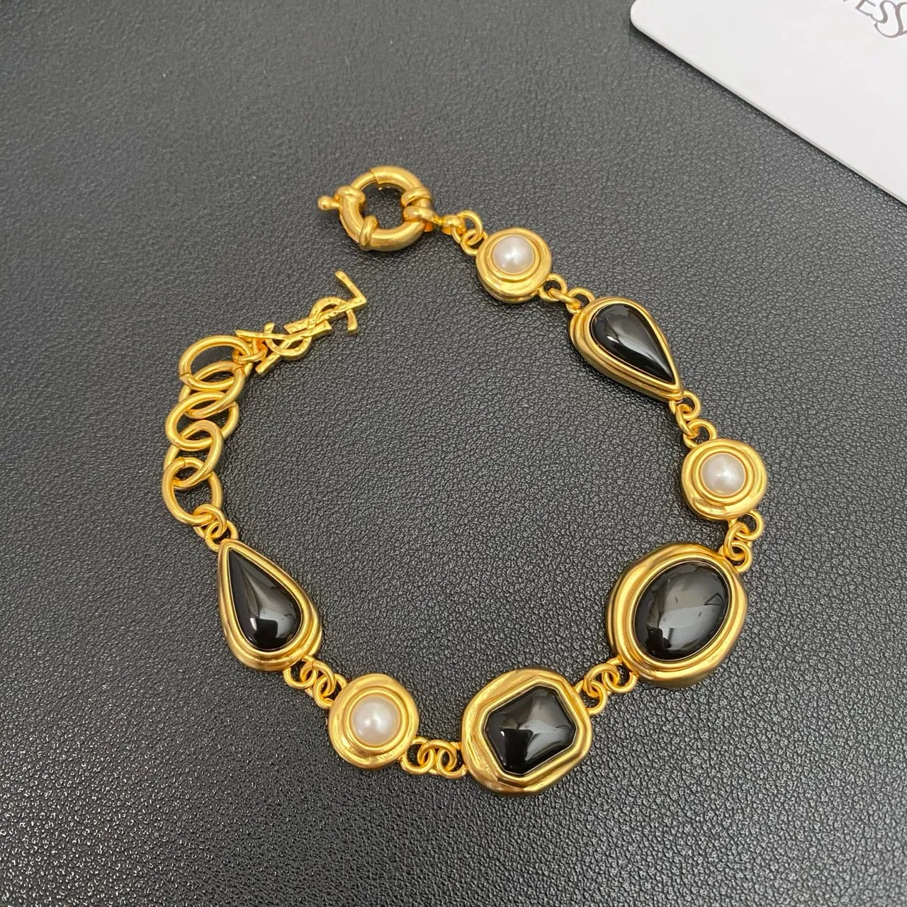 Saint Laurent Gold-Tone Black Stone and Pearl Link Bracelet