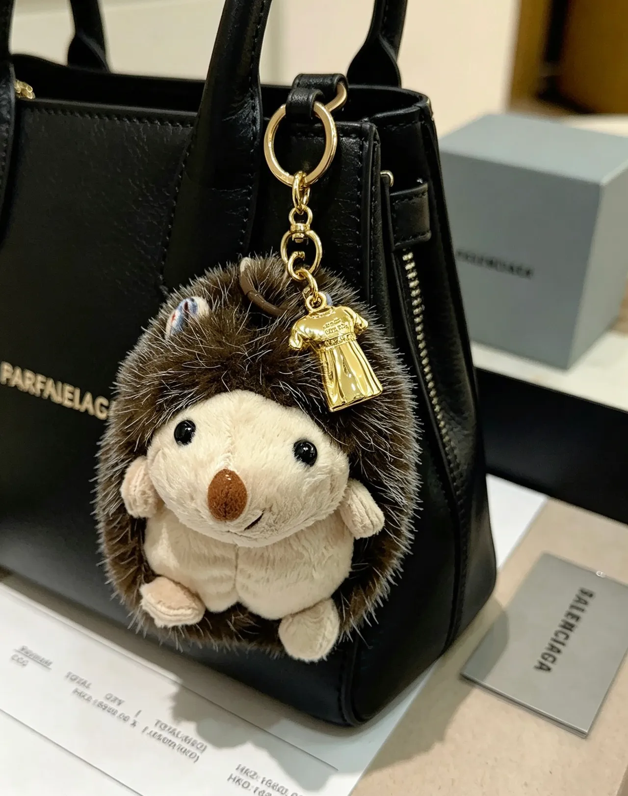 Balenciaga Brown Gold Plush Hedgehog Faux Fur Crossbody Bag