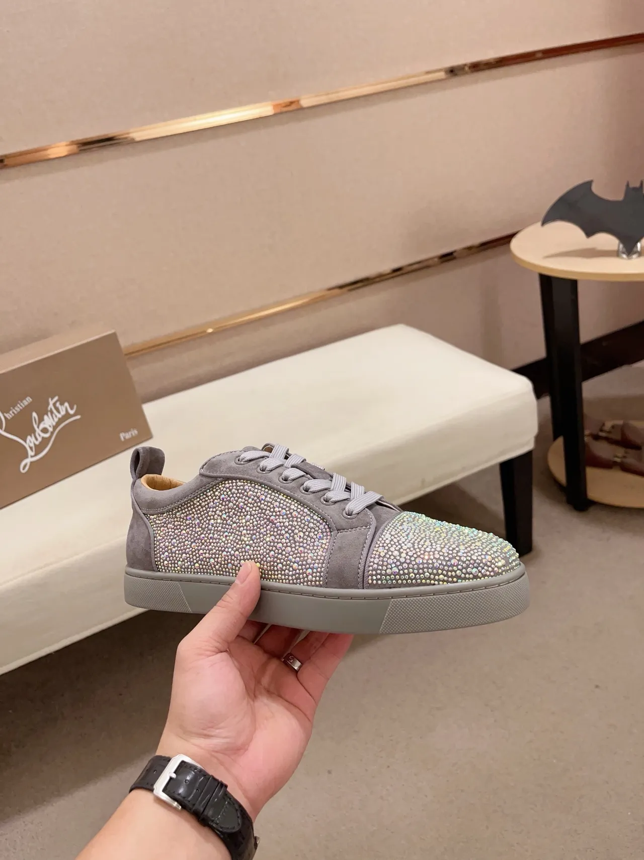Christian Louboutin Gray Suede Crystal-Embellished Low-Top Sneaker