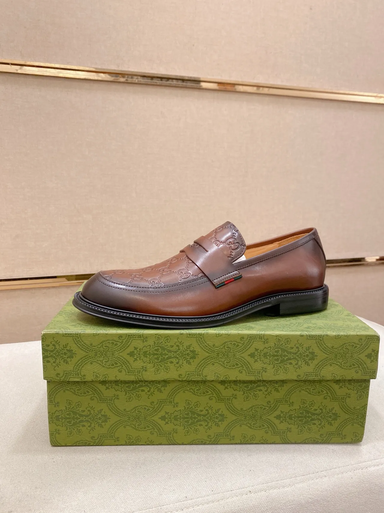 Gucci Brown Green Embossed GG Monogram Moccasin-Stitched Toe Loafer