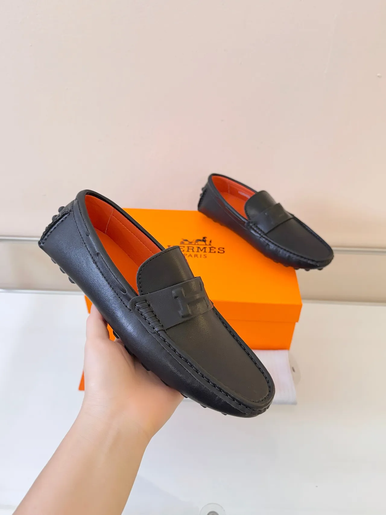 Hermès Oran Black Leather H-Logo Strap Loafers