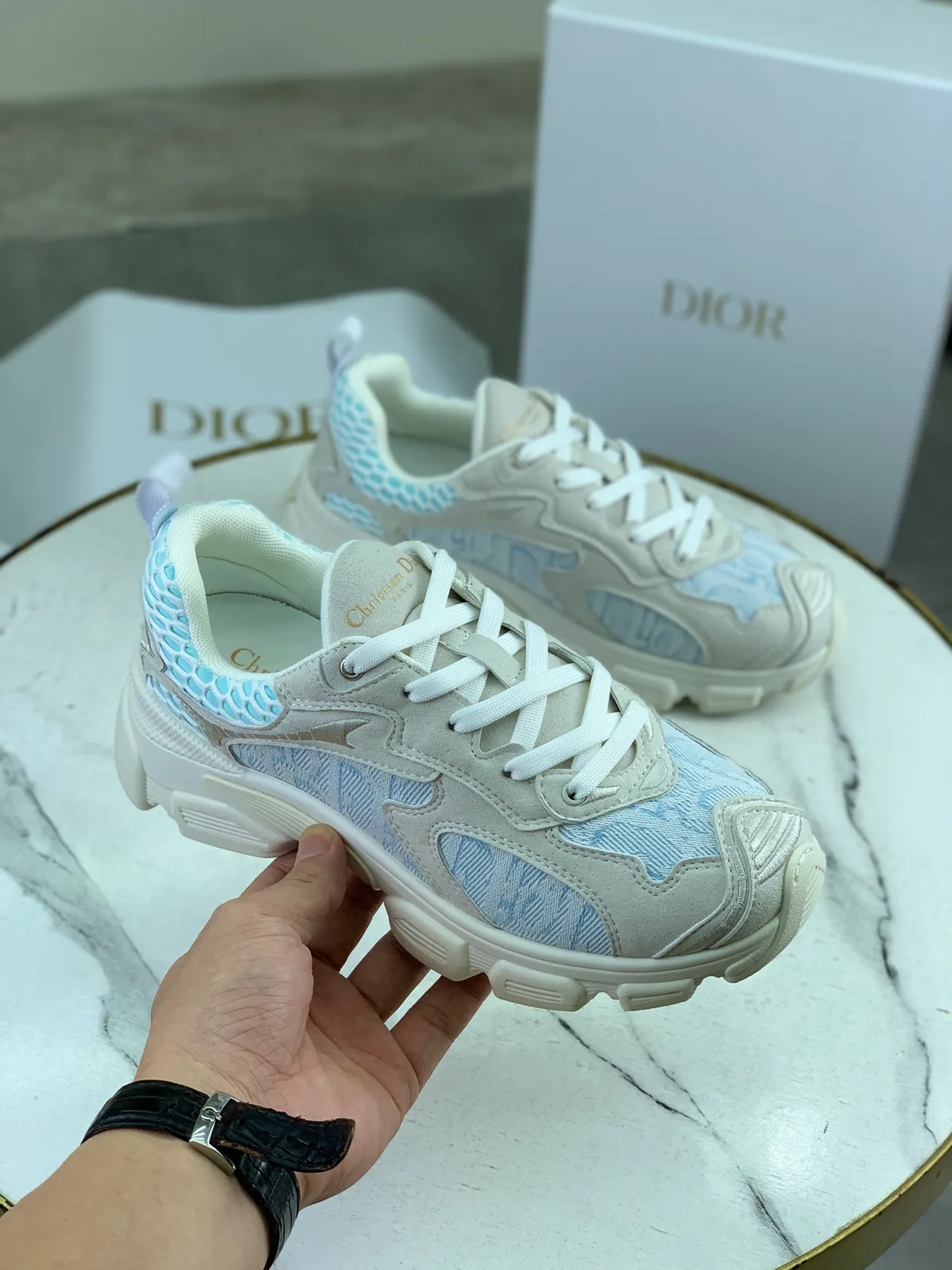 Dior B23 Beige Blue Sole Jacquard Paneling Chunky Sneakers