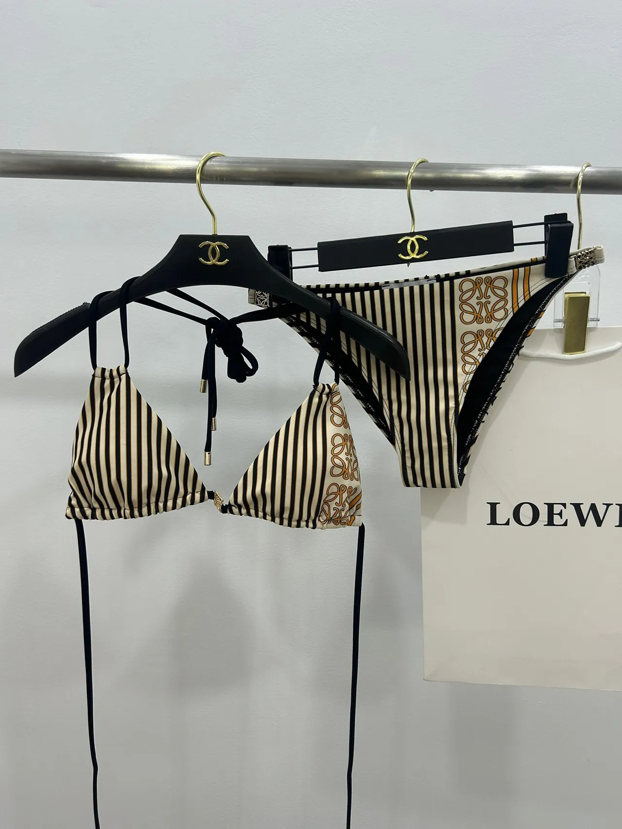 Black Beige Halter Triangle Top Side-Tie Briefs Swimwear