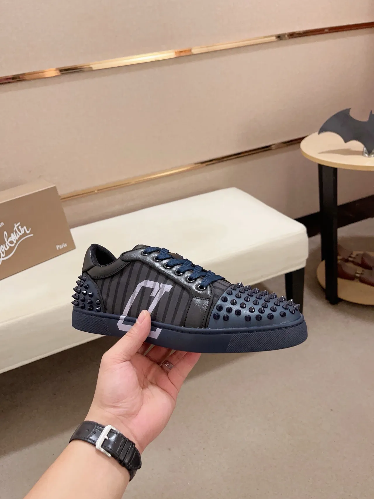 Christian Louboutin Louis Junior Spikes Black Navy Spiked Toe And Heel Striped Side Panel Lifestyle Sneakers