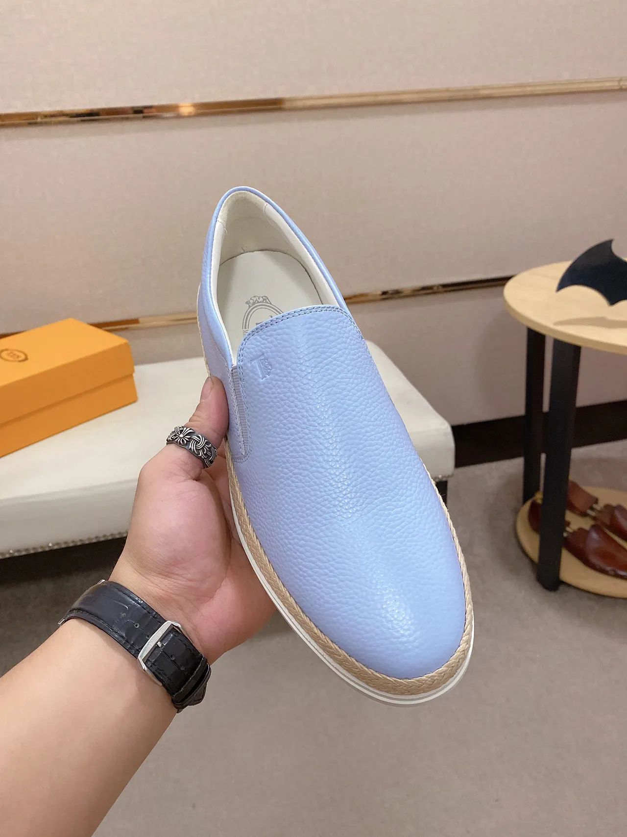 Light Blue Pebbled Leather Slip-On Boat Shoe