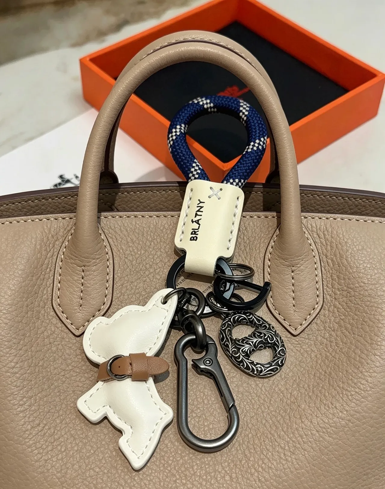Hermès Dog Charm Keychain White Navy Leather Rope Loop Handbag