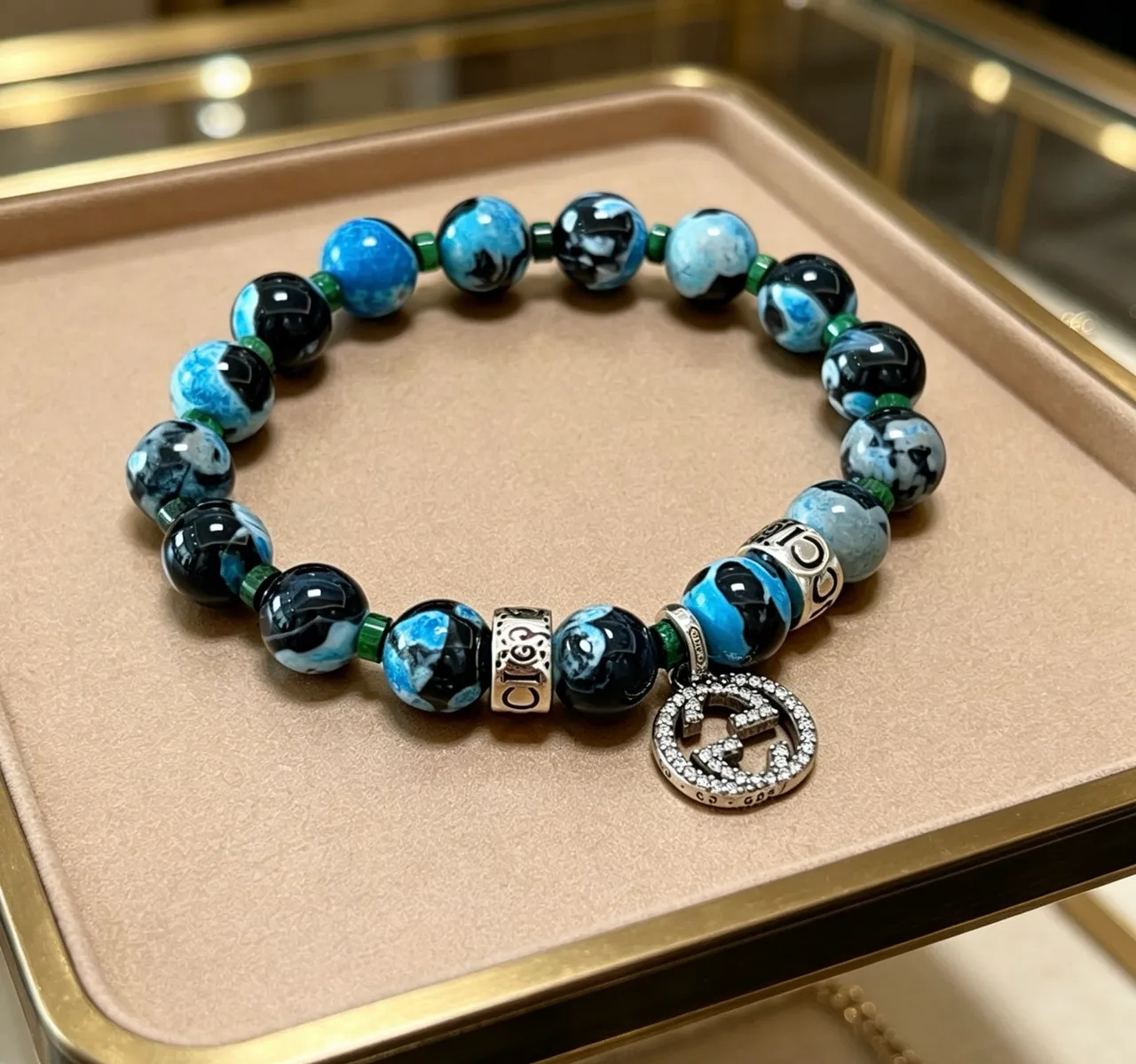 Gucci Blue Black Marbled Agate-Style Beads Pavé Crystal GG Charm Bracelet