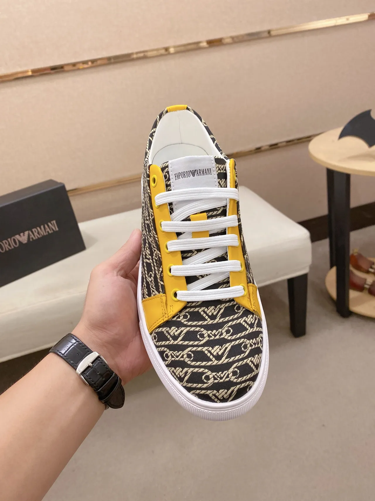 Emporio Armani Monogram Print and Yellow Panel Lifestyle Sneakers