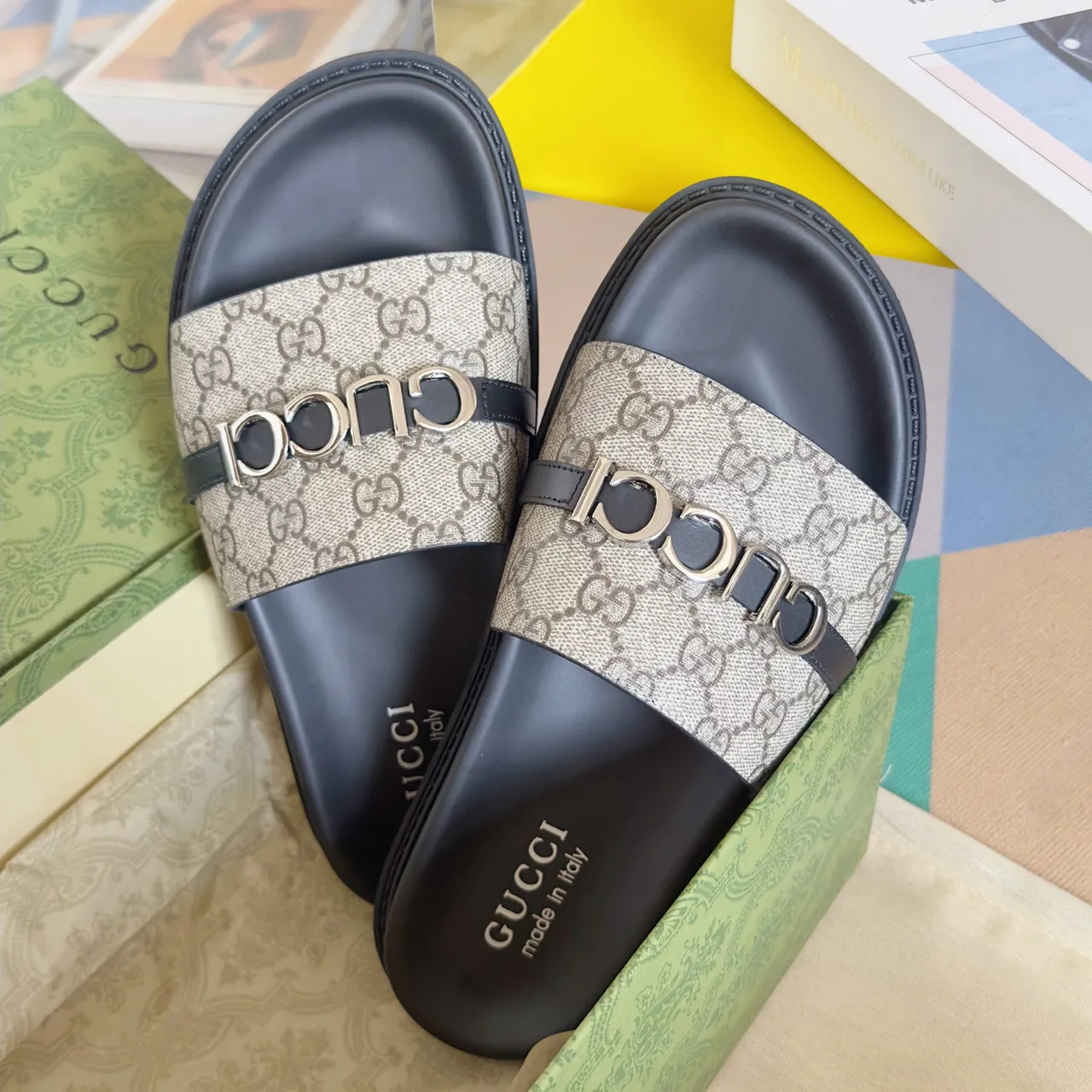 Gucci Ophidia Black Gold Embossed GG Monogram Interlocking G Buckles Casual Sandals