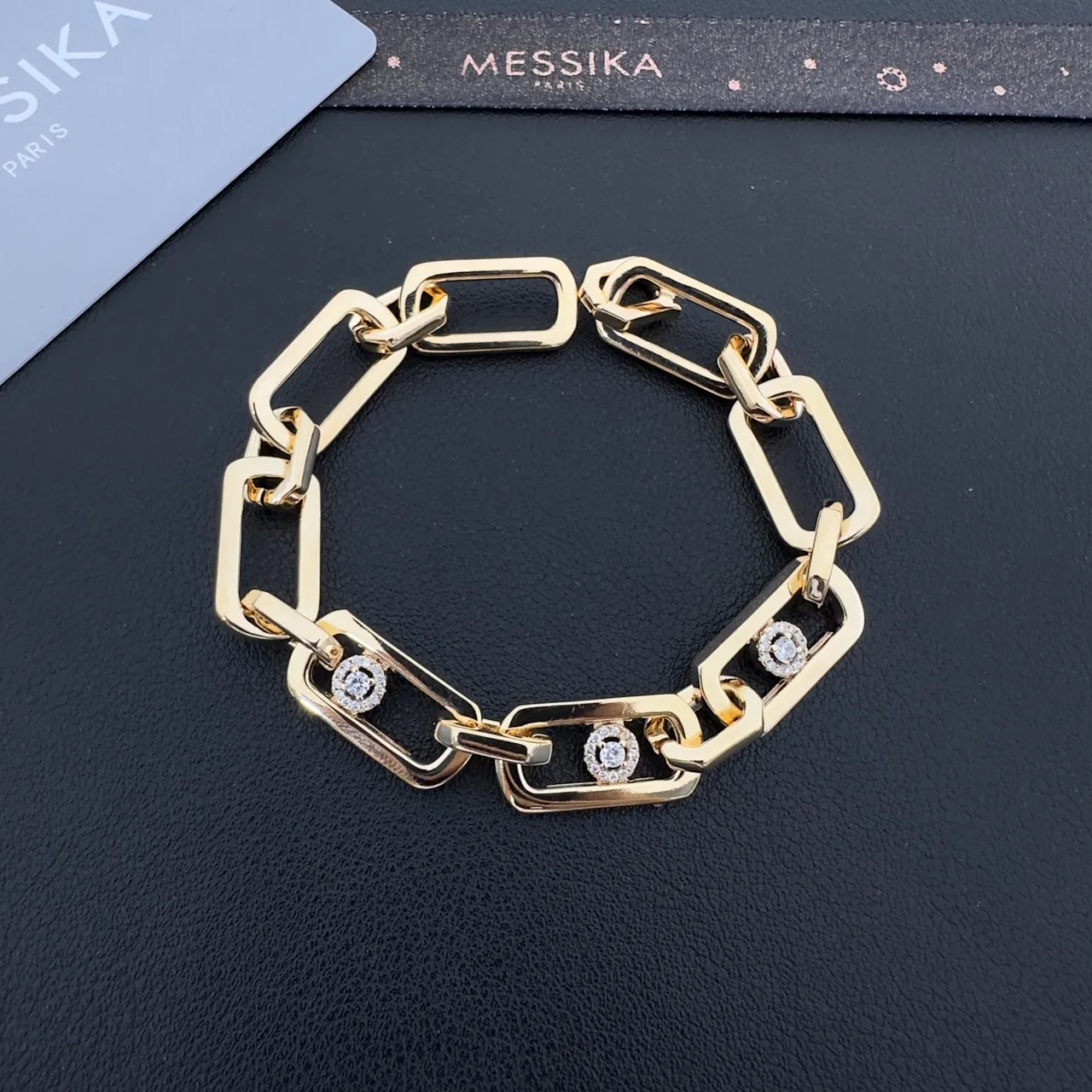 Messika Silver Gold Chain-Link Pavé-Set Rectangle Bracelet