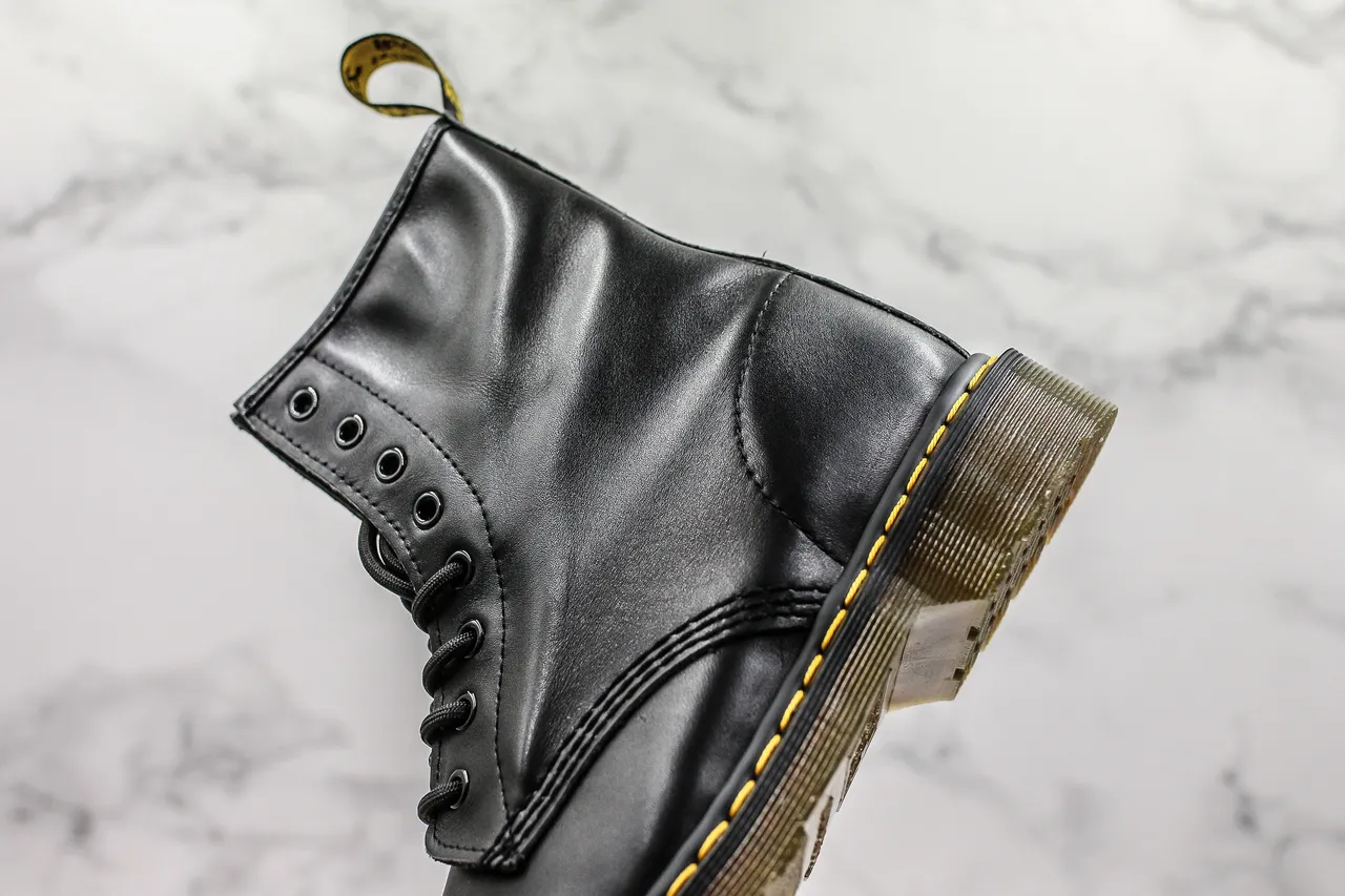 Dr. Martens 1460 Black Smooth Leather Yellow Stitch Martin Boots