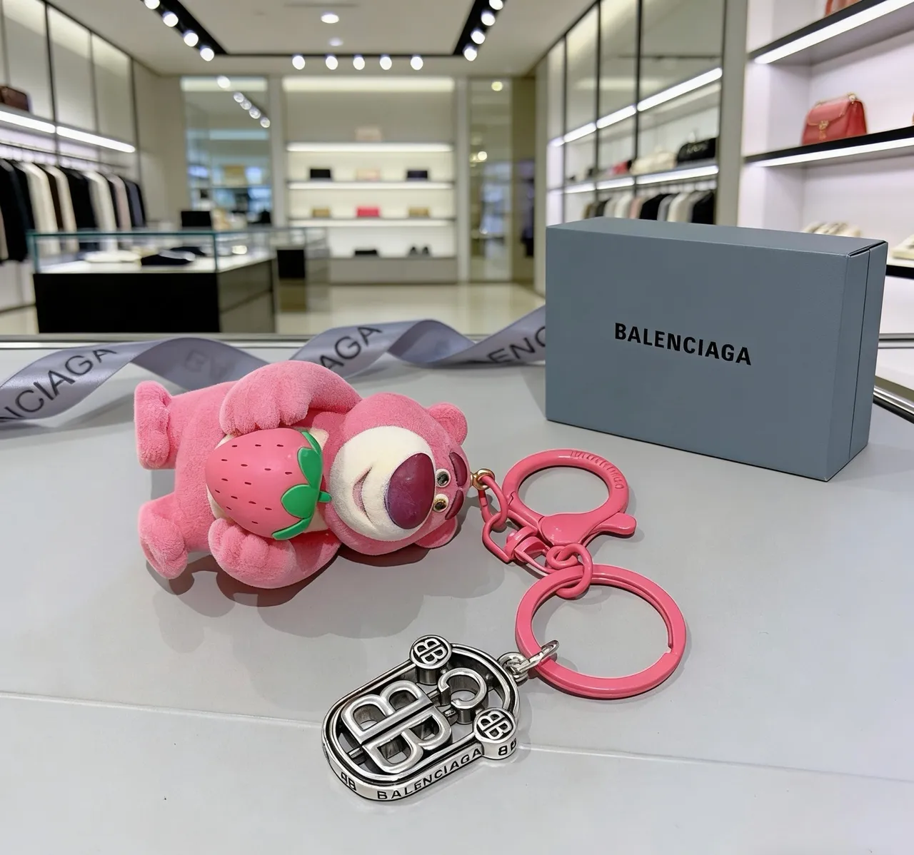Pink Green Plush Bear Figure Holding Strawberry Phone Accessory