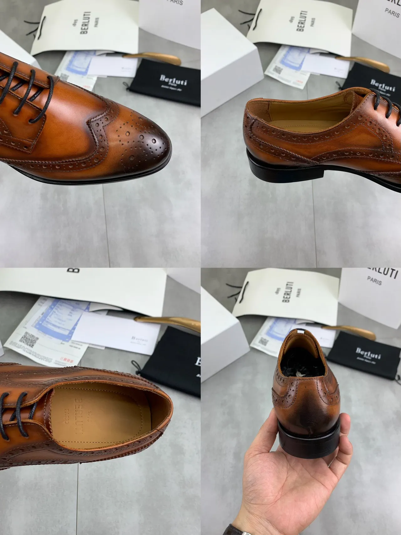 BERLUTI Brown Black Burnished Tan Leather Full Wingtip Brogue