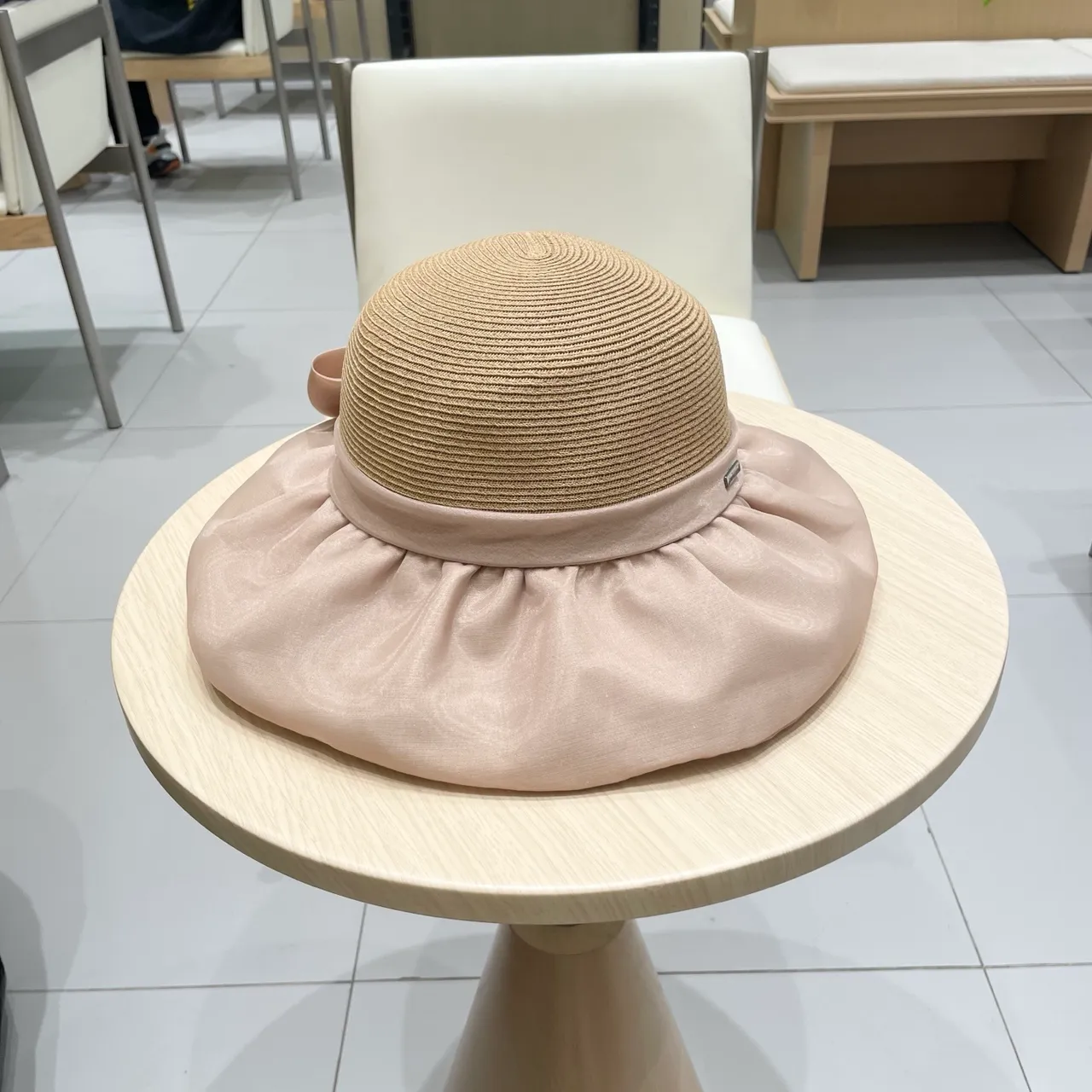 Prada Beige Pink Woven Straw Crown Wide Brim Fedora