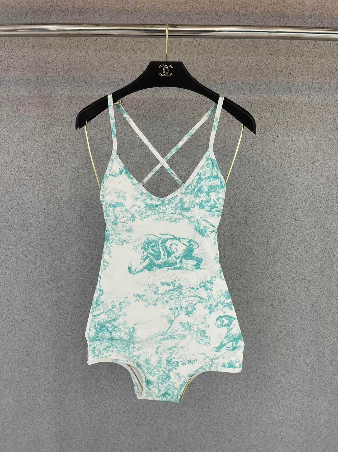 Dior Dioriviera White Blue Crisscross Back Straps Toile De Jouy Print Swimwear