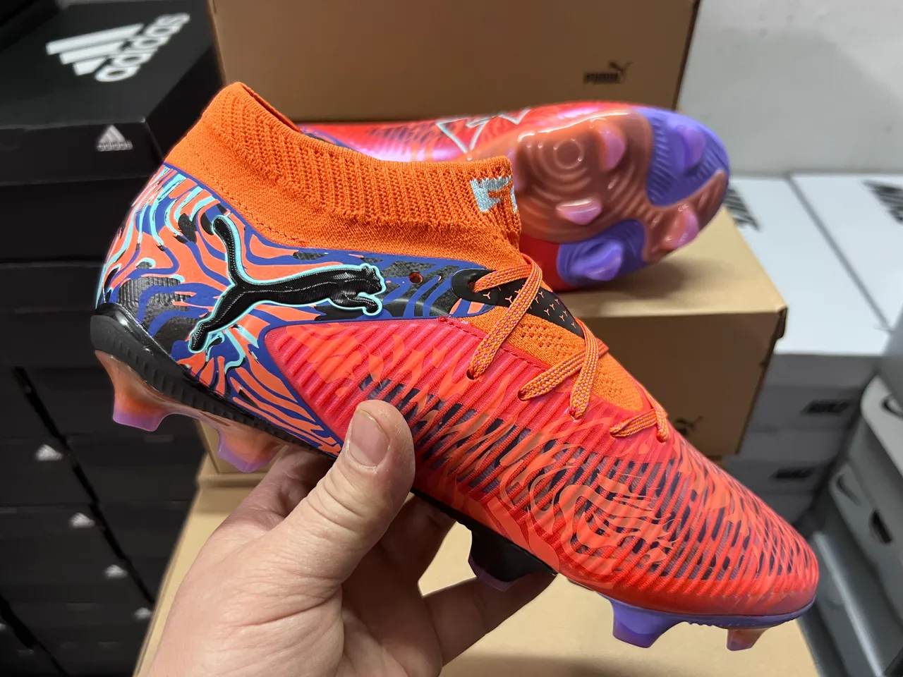 Puma Orange Blue High-Cut Knit Collar Flame-Pattern Graphic Overlay Firm-Ground Soccer Shoes