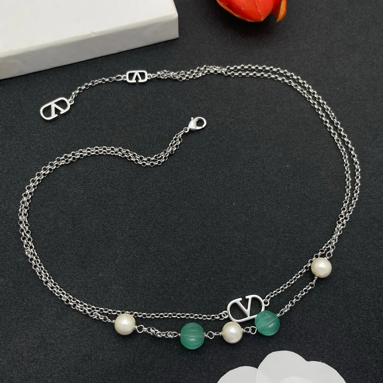 Valentino VLogo Double-Layer Pearl and Chalcedony Necklace