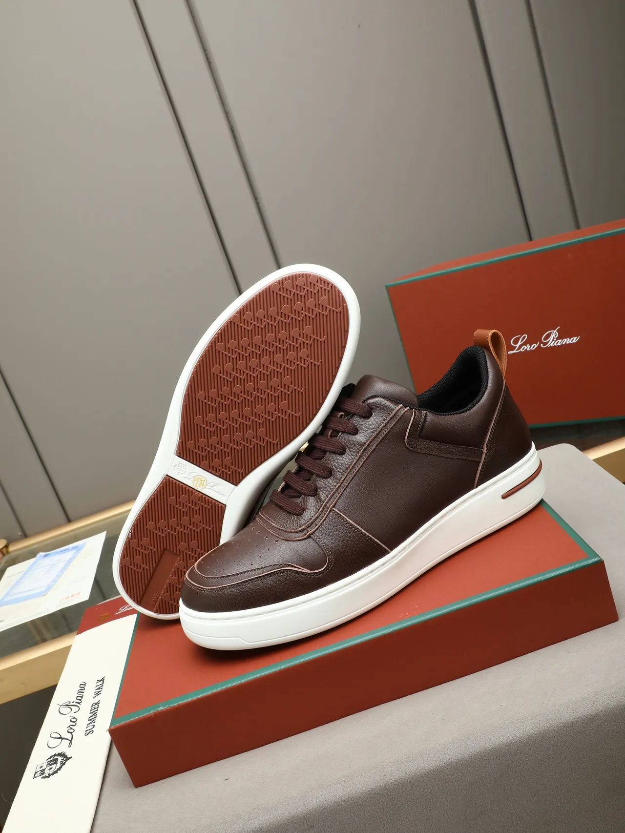 Loro Piana Brown Leather Low-Top Sneaker