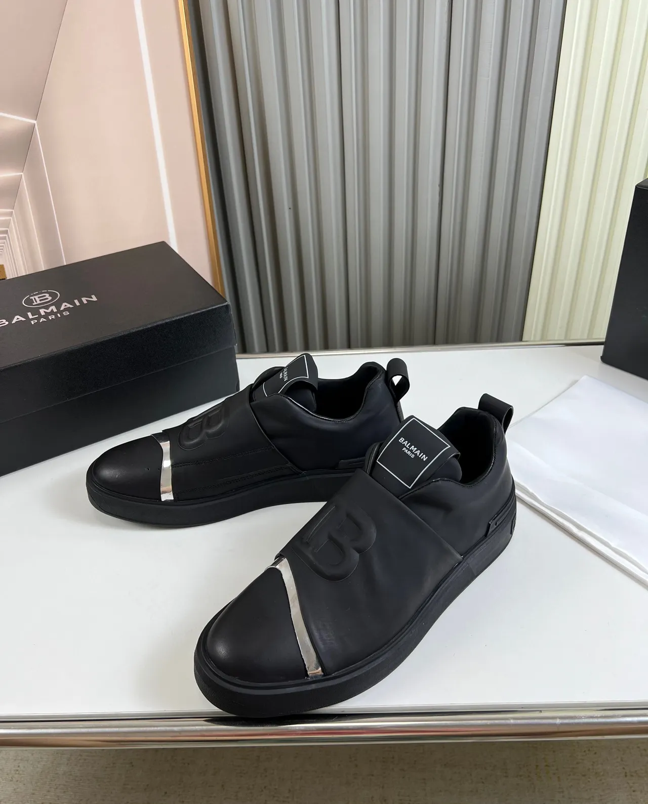 Balmain Black Silver Slip-On Leather Upper Lifestyle Sneakers