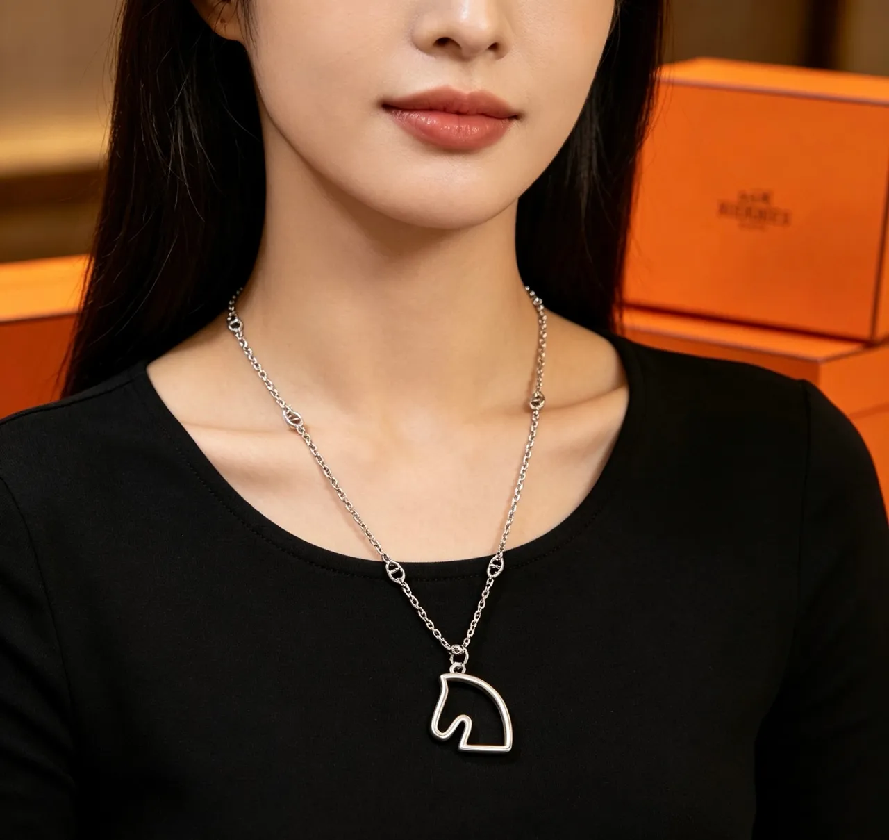 Hermès Cheval de Hermès Outline Horse Head Silver Necklace