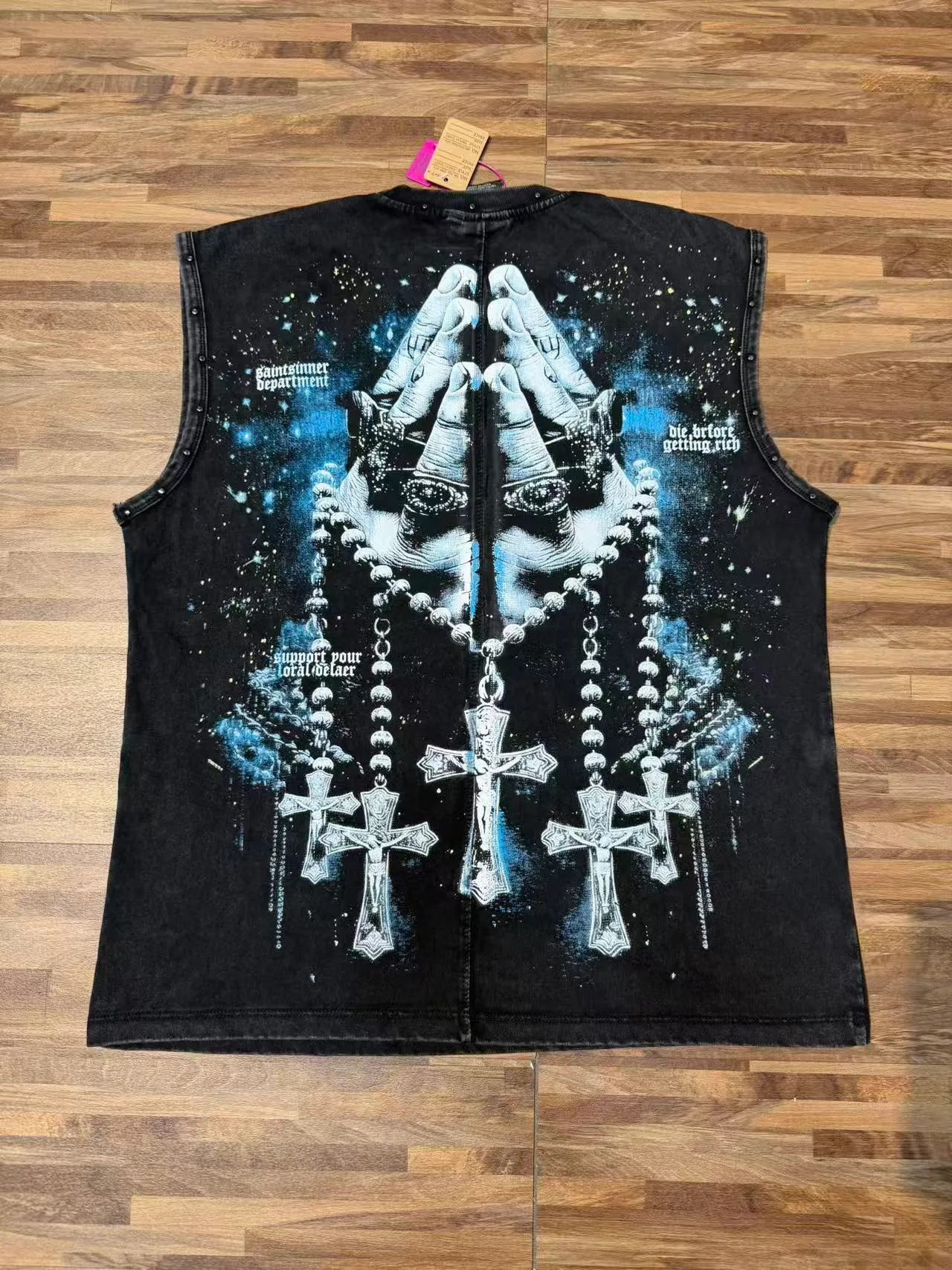 SAINT-SINNER Burgundy Black Graphic-Print Studded Shoulders Vest Top
