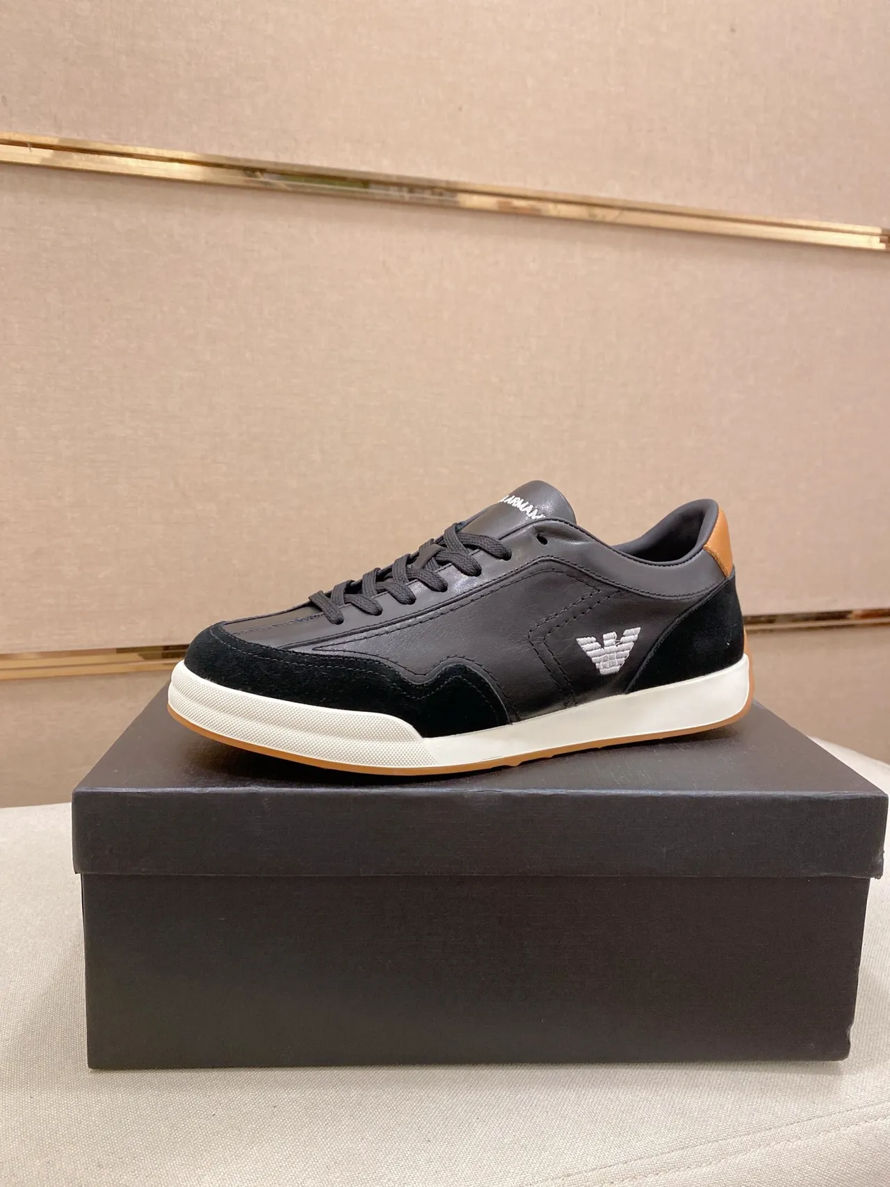 Emporio Armani Black White Panelled Leather And Suede Upper Eagle Logo Detail Lifestyle Sneakers