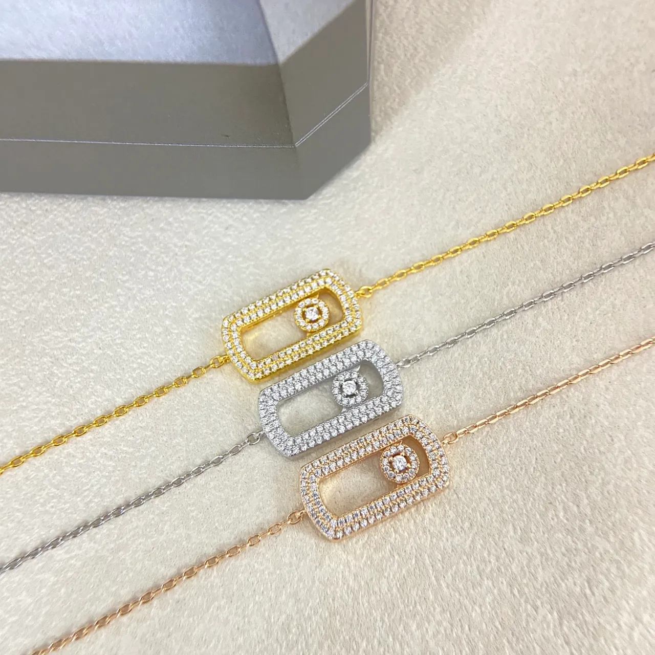 Gold Silver Pavé-Set Rectangular Open-Frame Pendant Rotating Central Stone Motif Jewelry