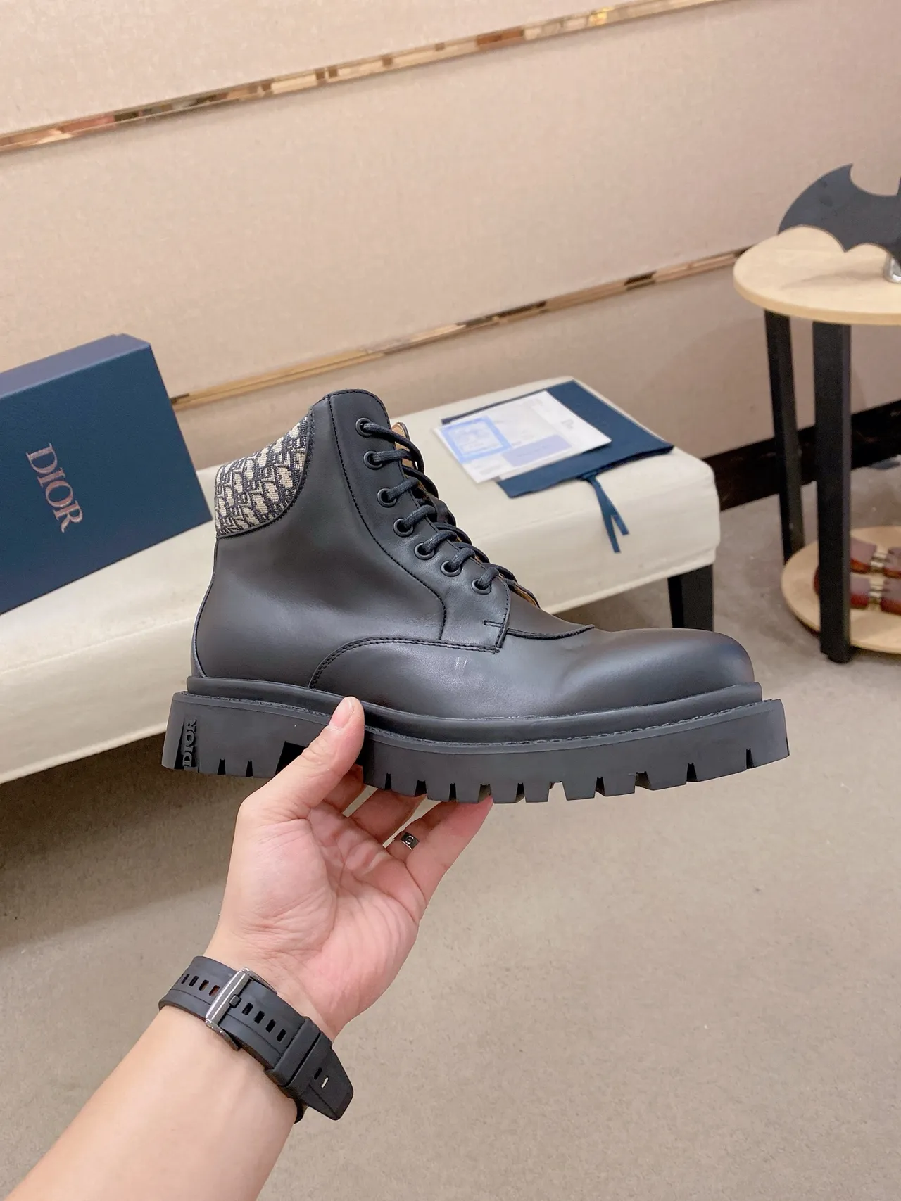 Dior Black Beige Leather Upper Lug Sole Ankle Boots