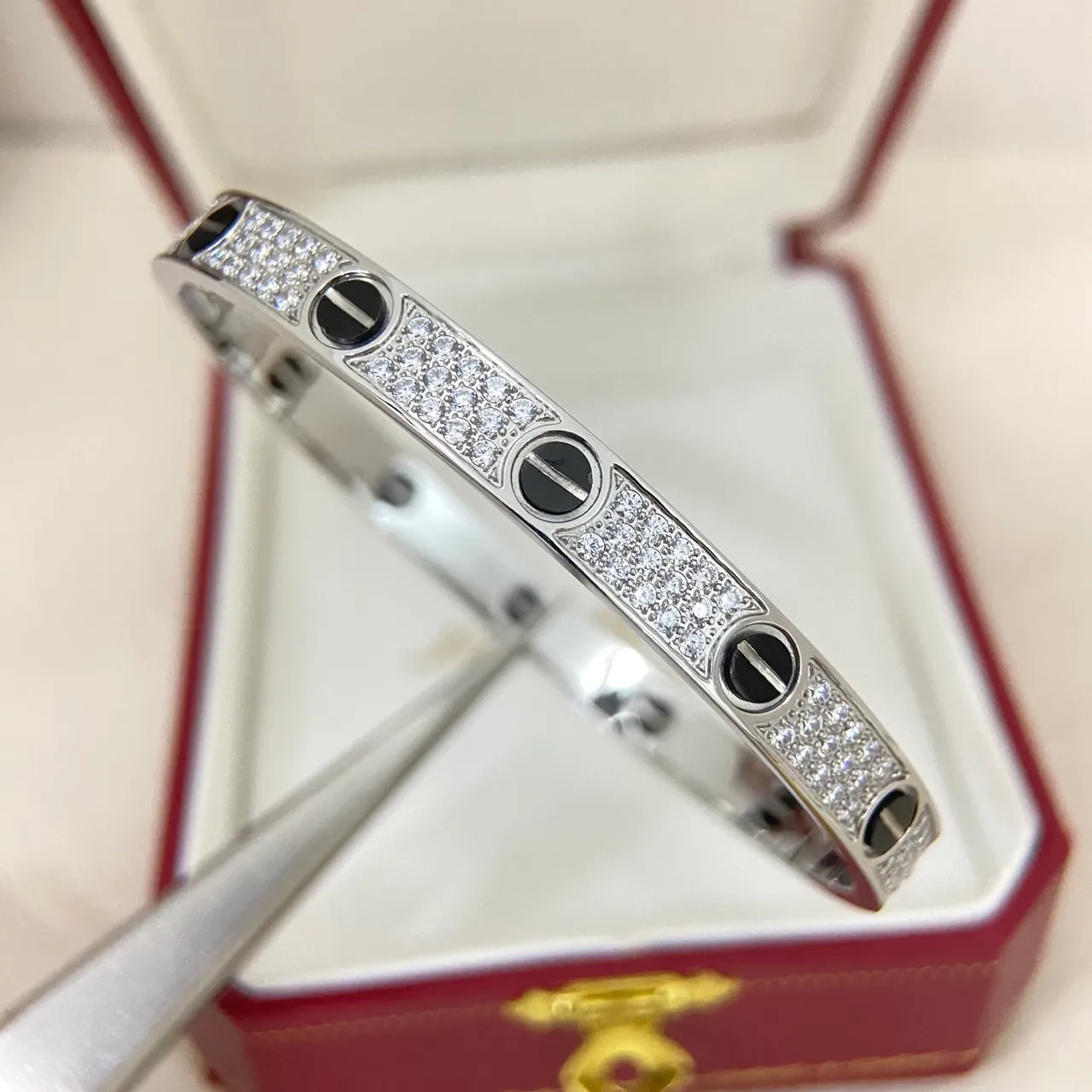Cartier Love Silver Black Pavé-Diamond Band Onyx Screw Motifs Bracelet