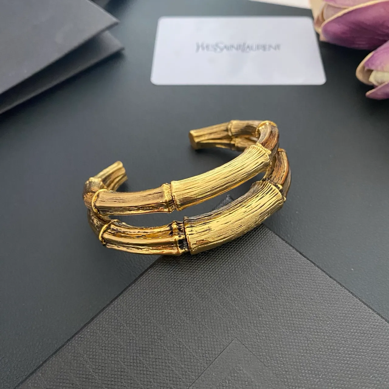 Saint Laurent Bamboo Open Cuff Gold Bracelet