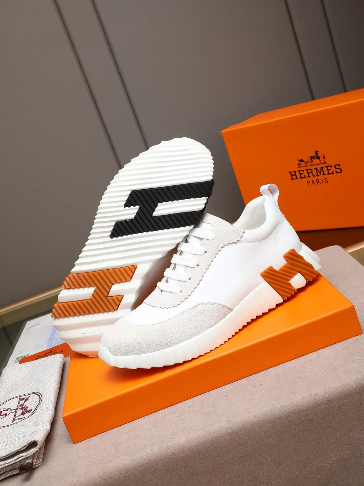 Hermès H Pantin White and Orange Lifestyle Sneakers
