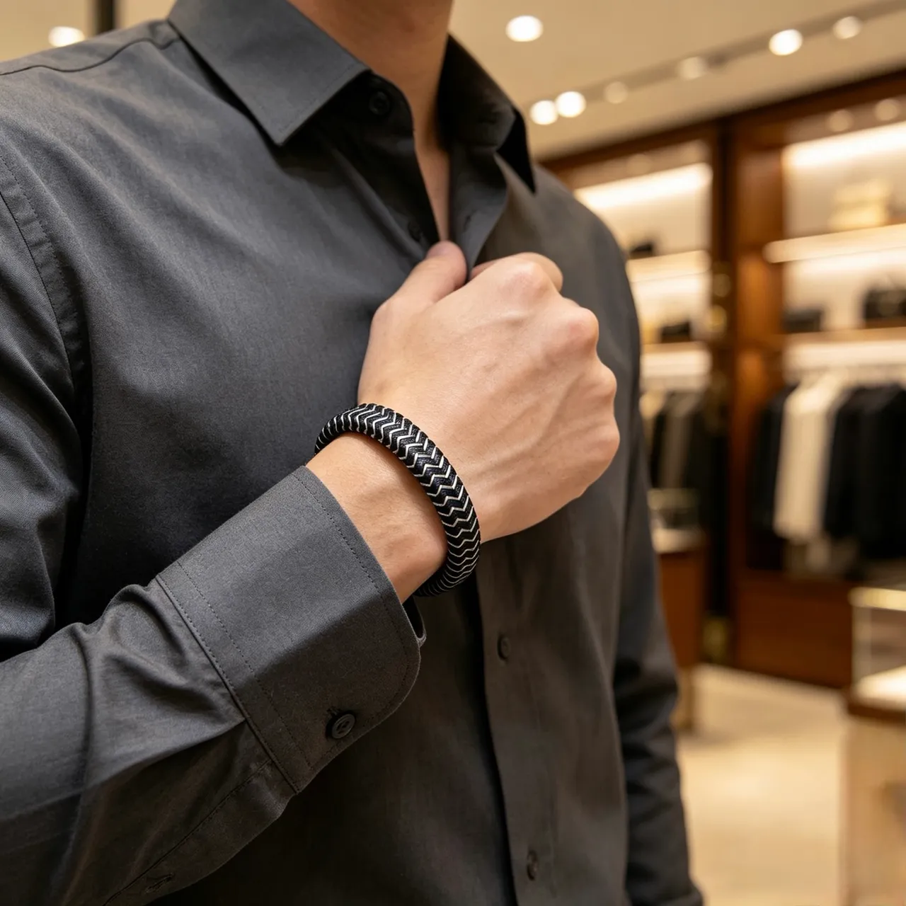 Hermès Black Silver Woven Leather Zigzag Stitching Bracelet