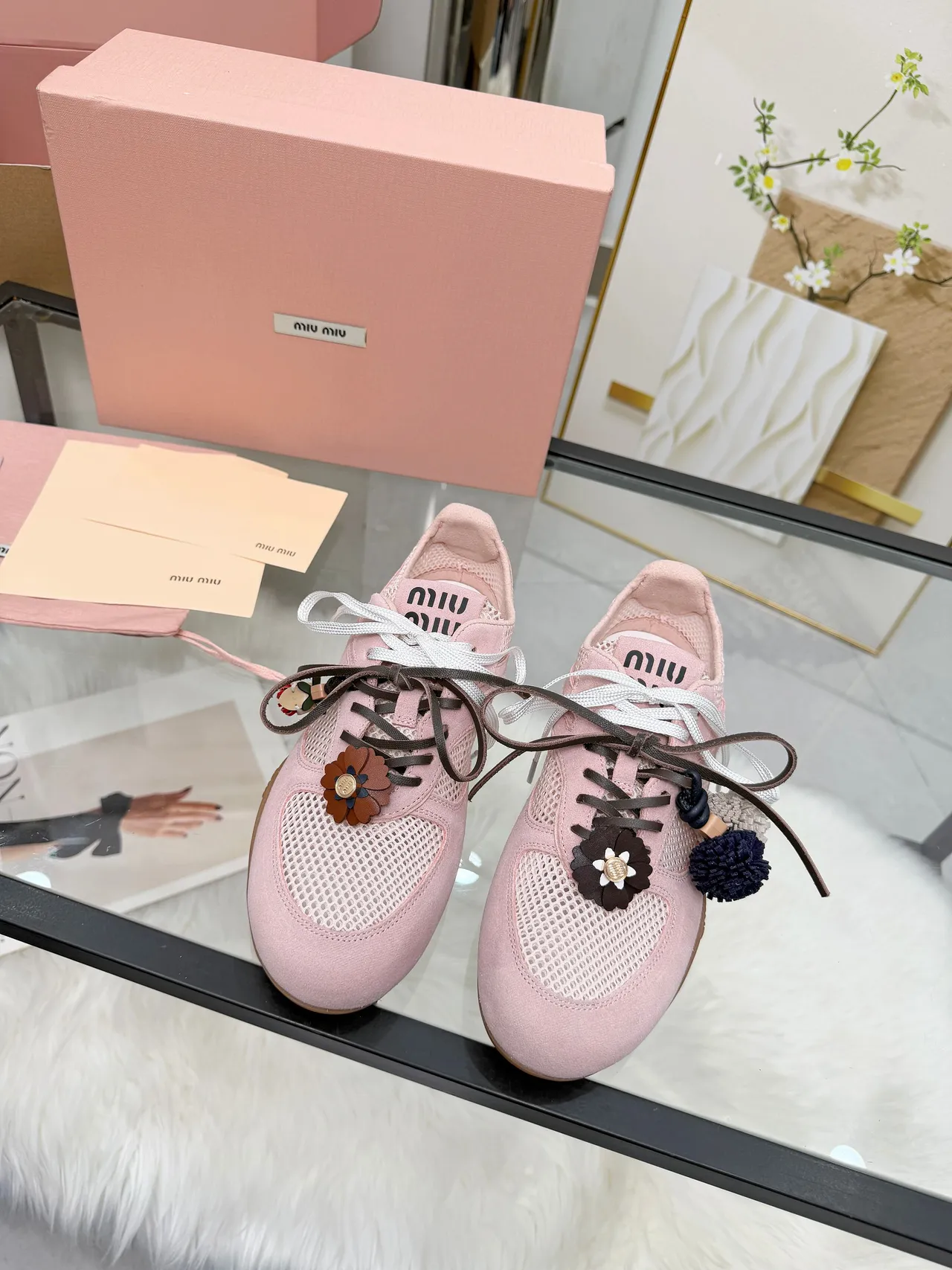 Miu Miu Pink Brown Suede And Mesh Upper Dual-Tone Laces Lifestyle Sneakers