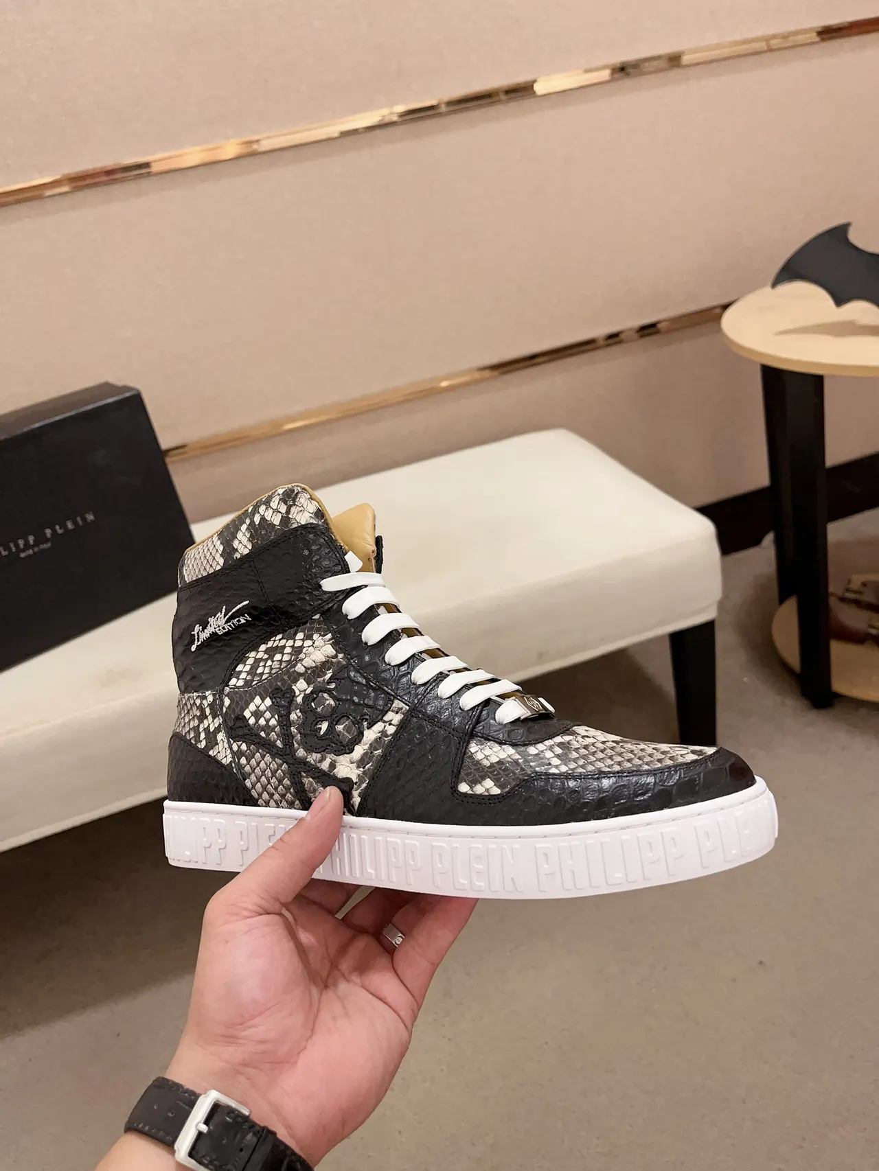 Philipp Plein High-Top Snakeskin Skull Motif Lifestyle Sneakers