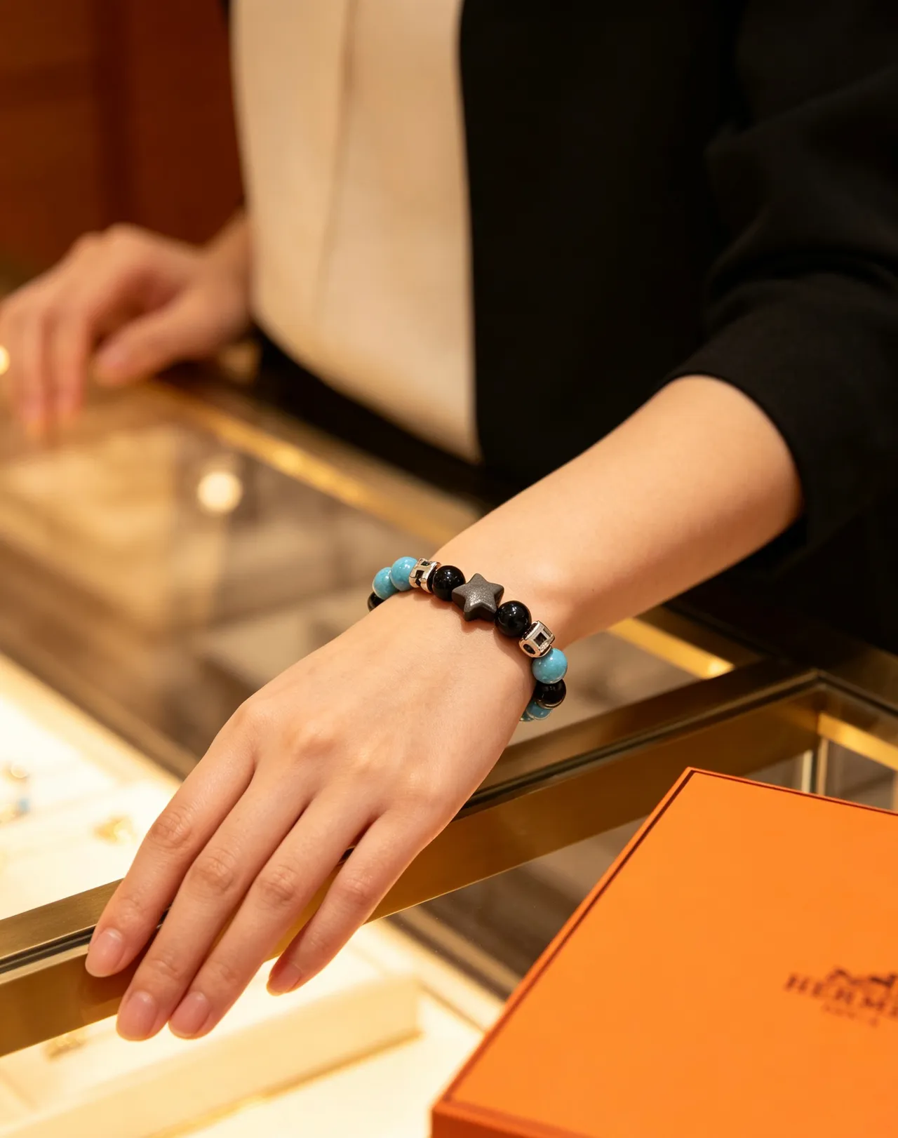 Hermès H Collection Black Blue Beaded Stretch Hardware Bracelet