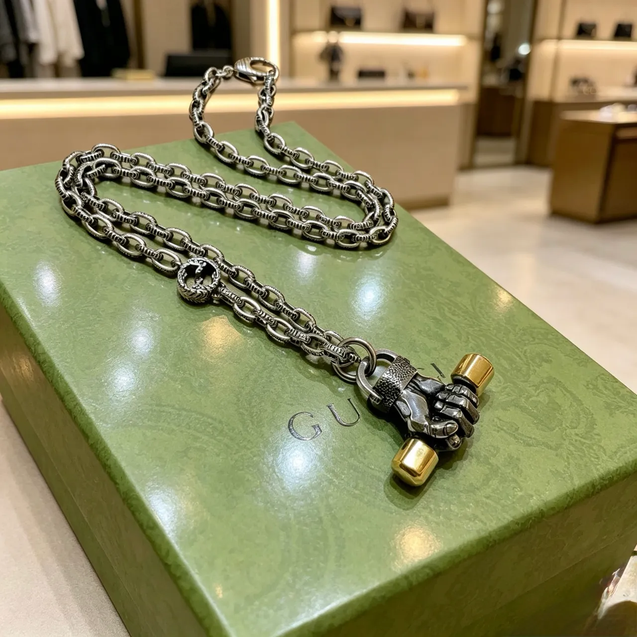 Gucci Fist Pendant Silver Gold Oxidized Chain Sculpted Necklace