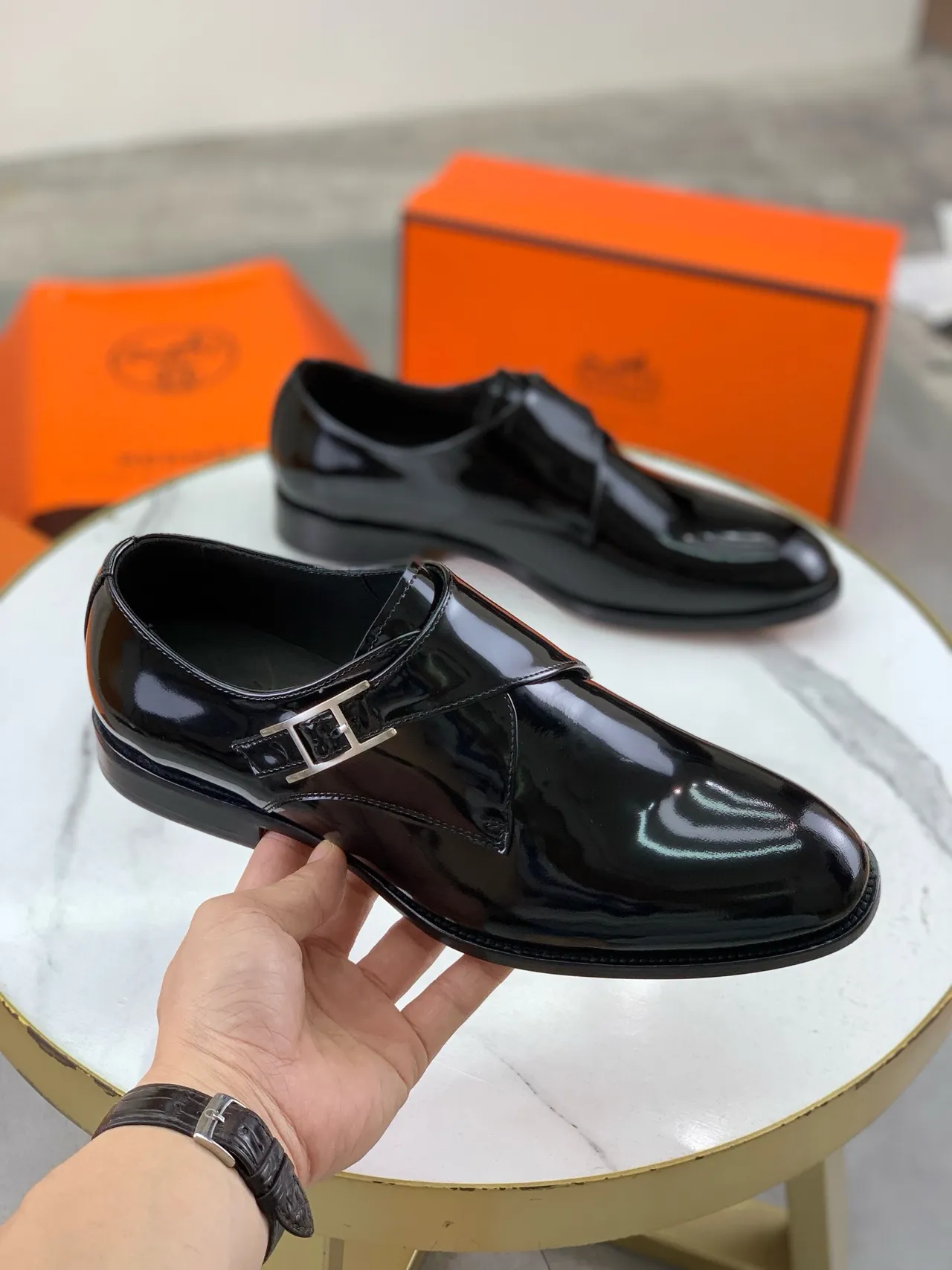 Hermès Black Silver Glossy Patent Leather Single Strap Monk Shoes