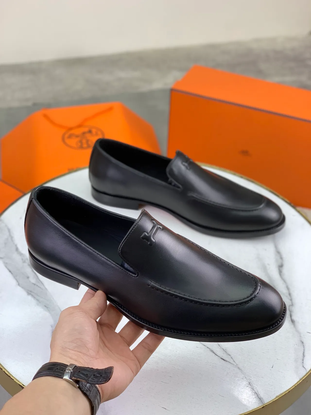 Hermès Oran Black Leather H-Logo Loafers