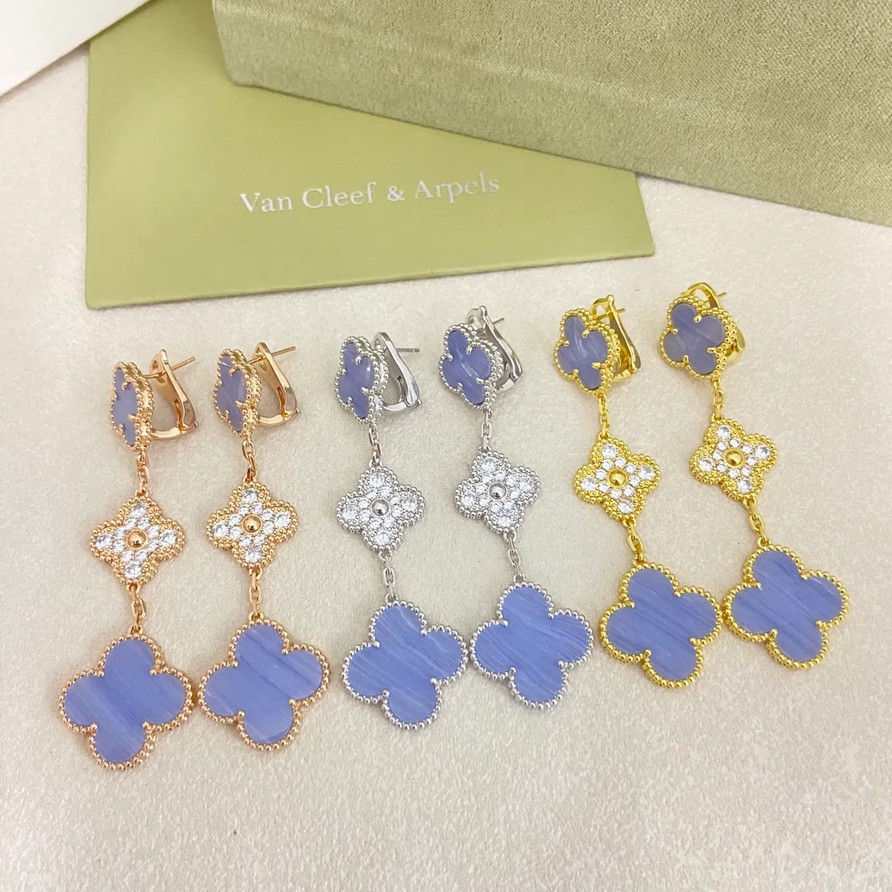Van Cleef & Arpels Alhambra Multicolor Stone Inlay Dangling Earrings