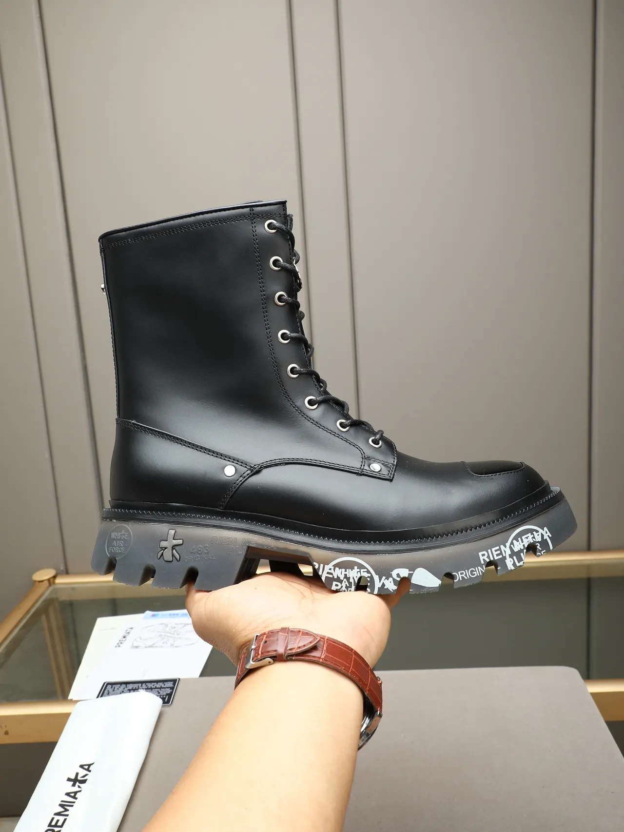Premiata Black Platform Sole Lace-Up Combat Style Martin Boots