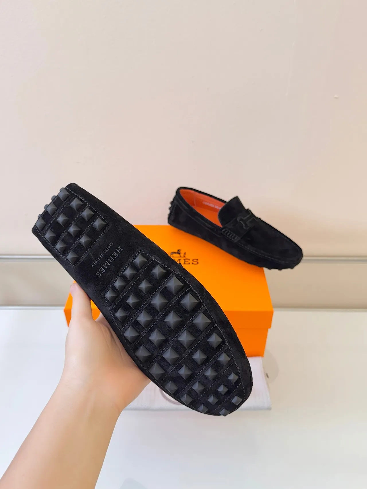 Hermès Oran Black Orange Suede Upper H-Logo Strap Loafer
