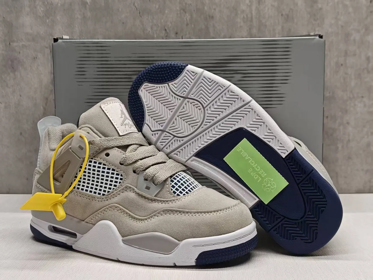 Air Jordan 4 Beige Navy Yellow Basketball Shoes