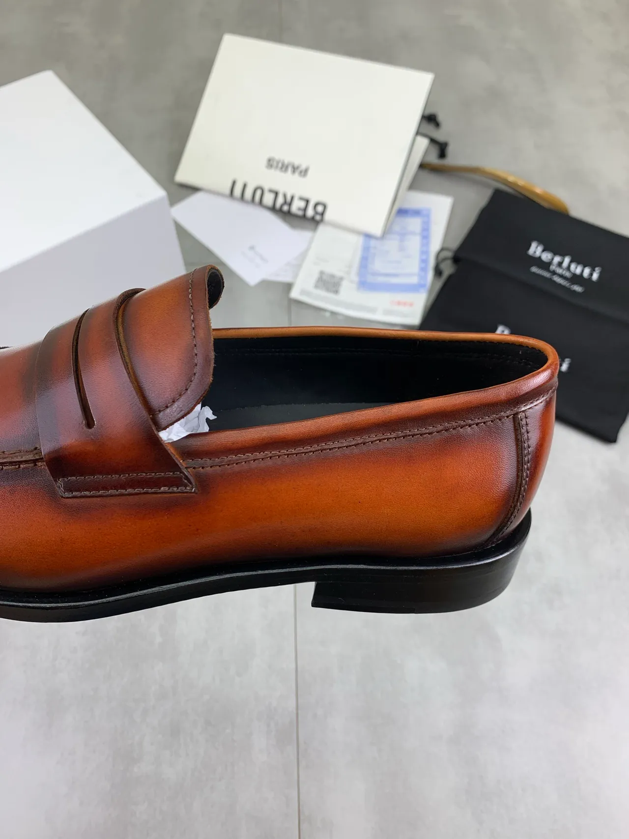 BERLUTI Brown Black Burnished Leather Penny Strap Loafer