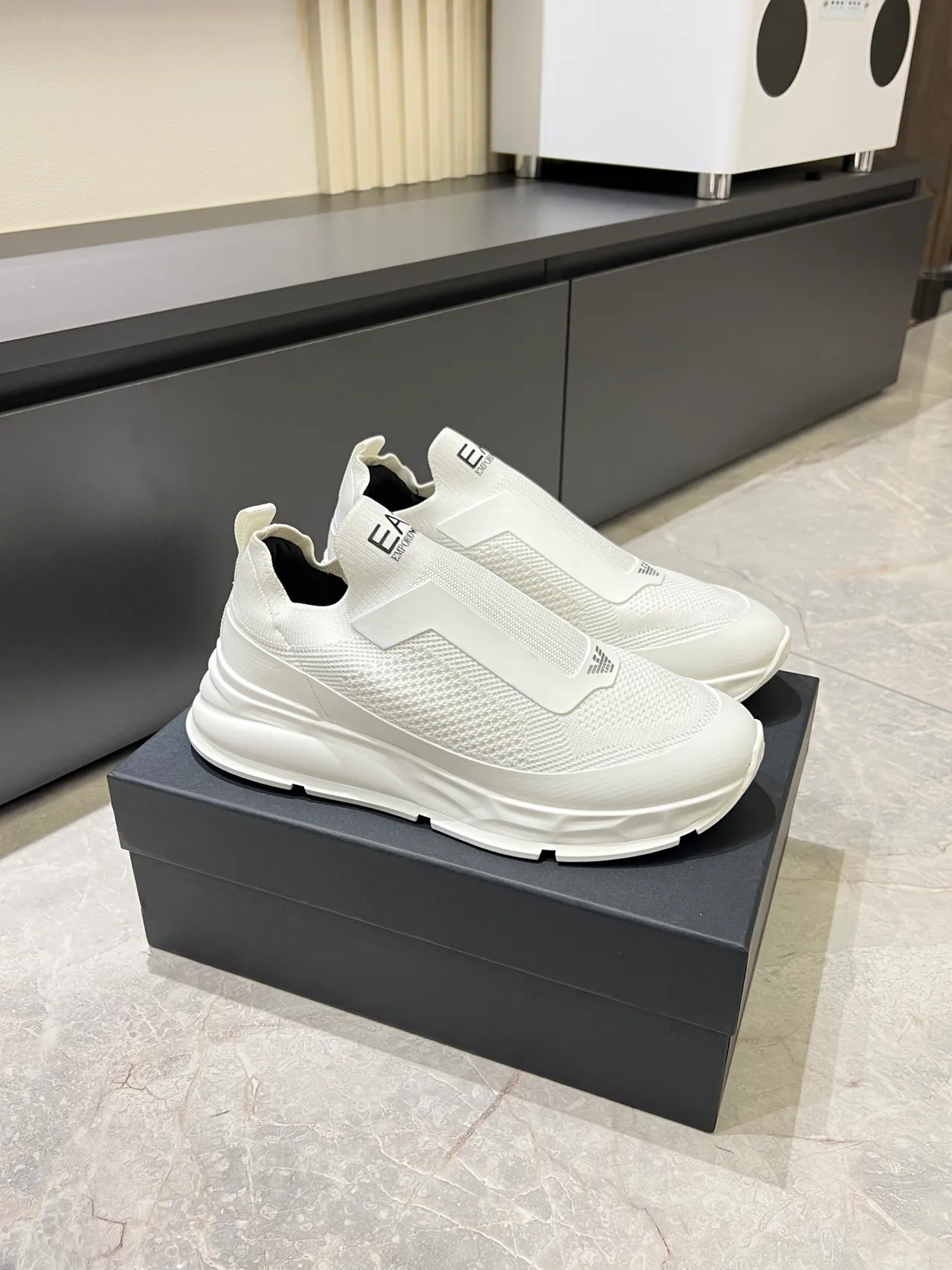 Emporio Armani White Black Slip-On Mesh Upper Lifestyle Sneakers