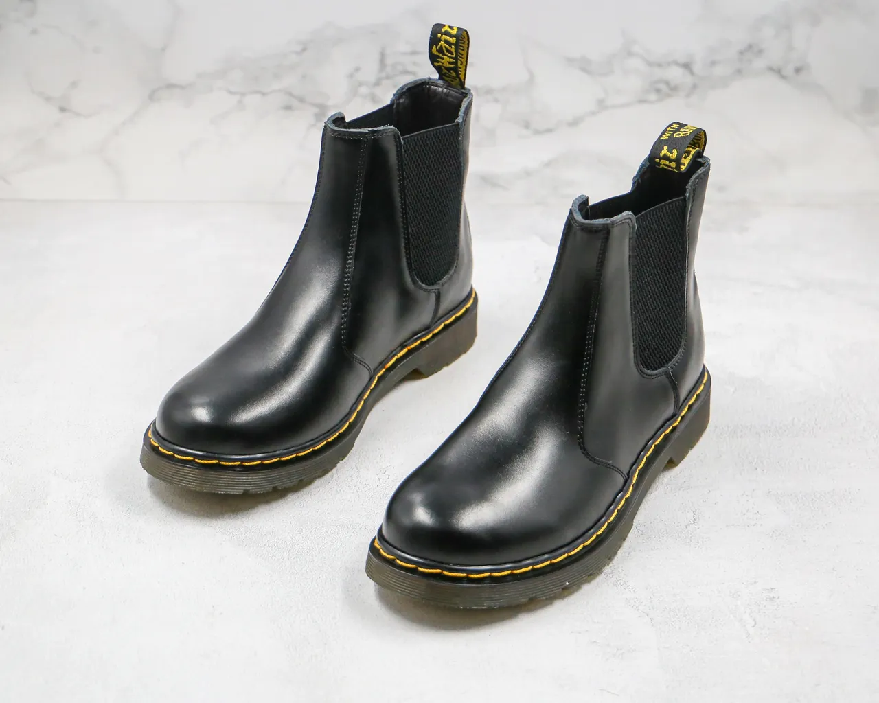 Dr. Martens Chelsea Boot Black Yellow Smooth Leather Welt Stitching Chelsea Boots