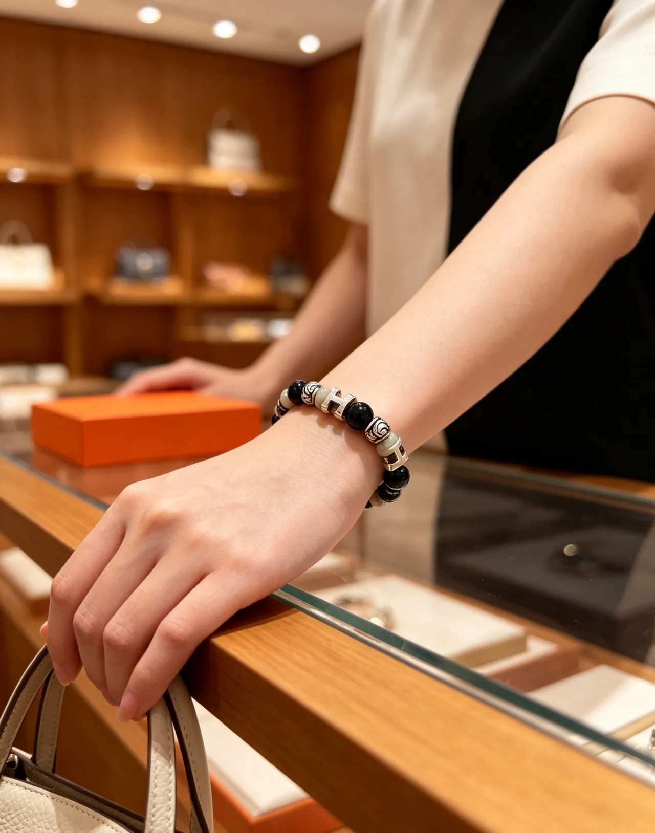 Hermès Black Silver Beaded Multi-Stone Bracelet